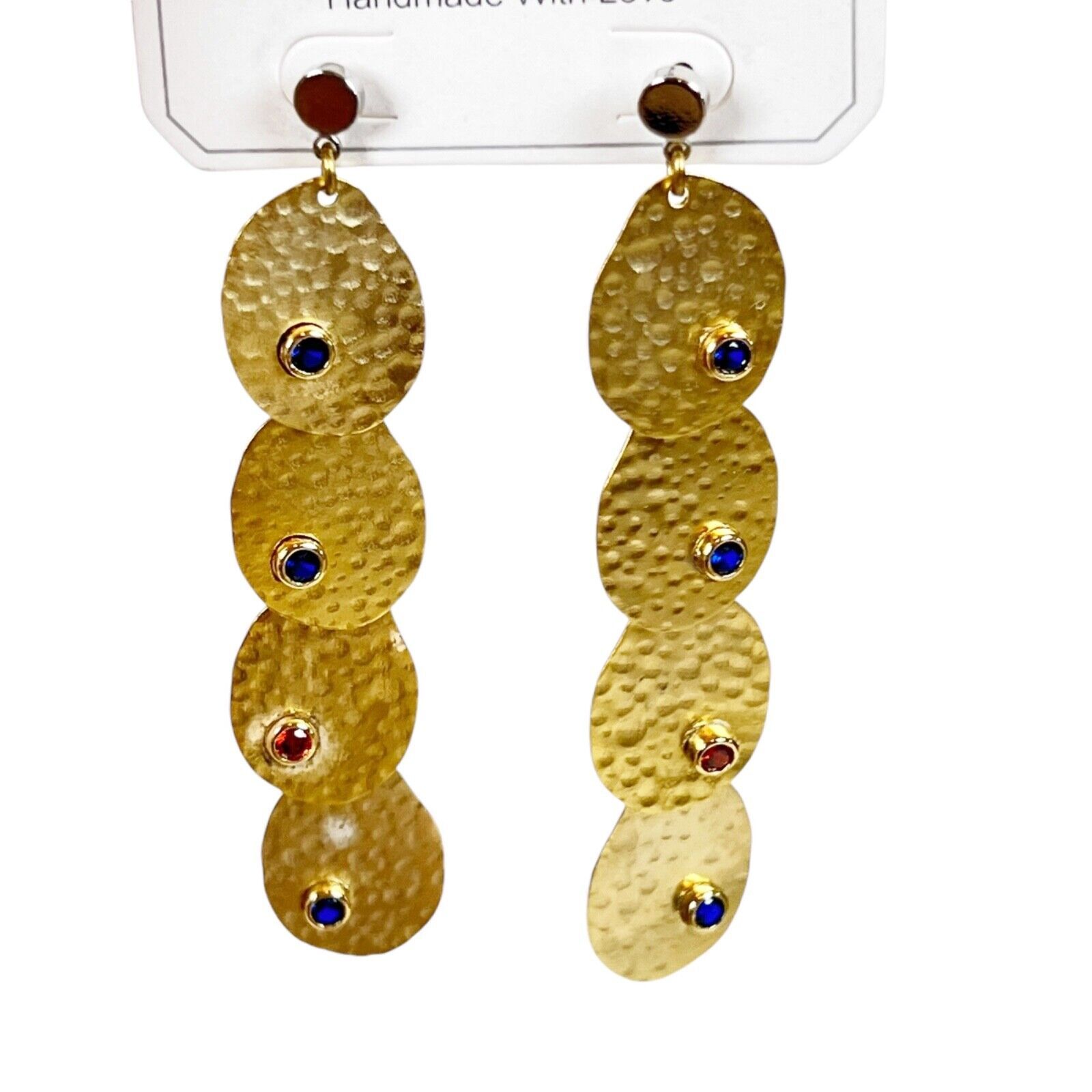 Nakamol Triss Gold Plated Hammered Coin Linear Dangle Earrings Semi Precious Gem